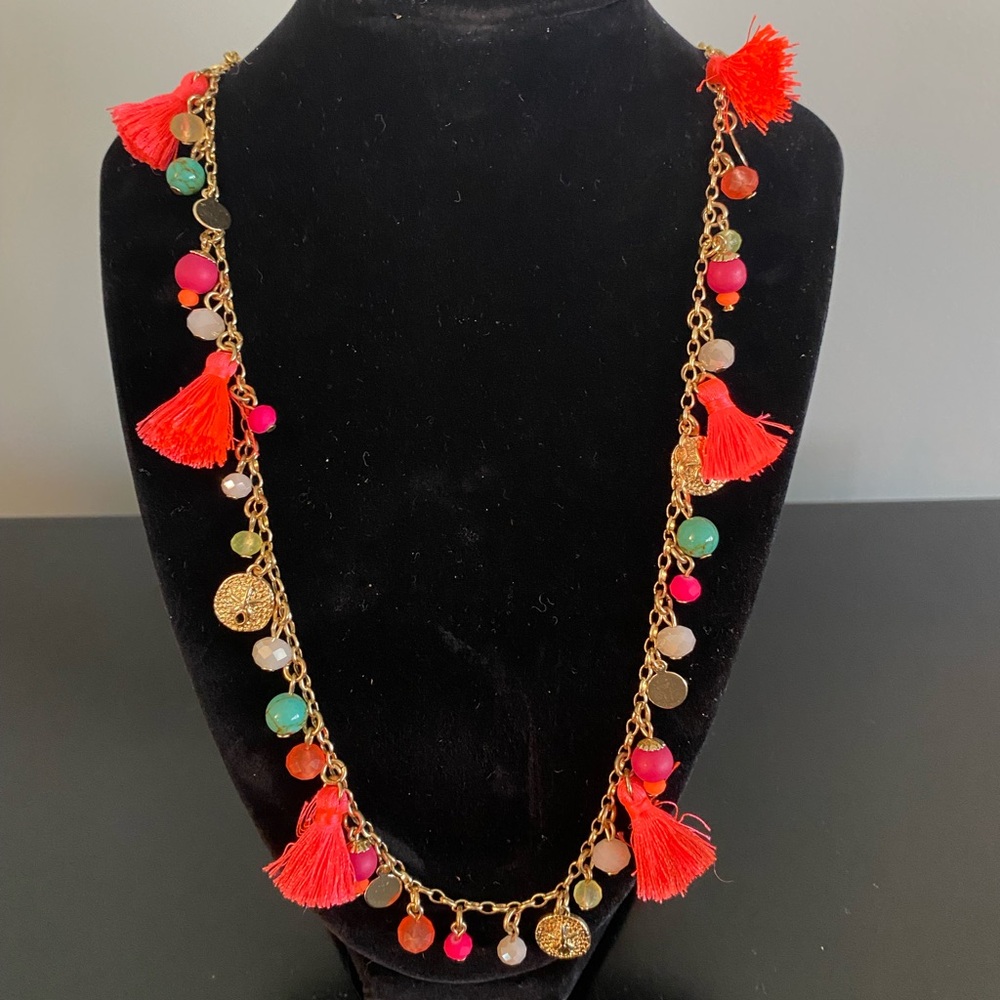 Lilly Pulitzer Confetti Multi Colored Tassel Beaded Gold Sand Dollar Necklace